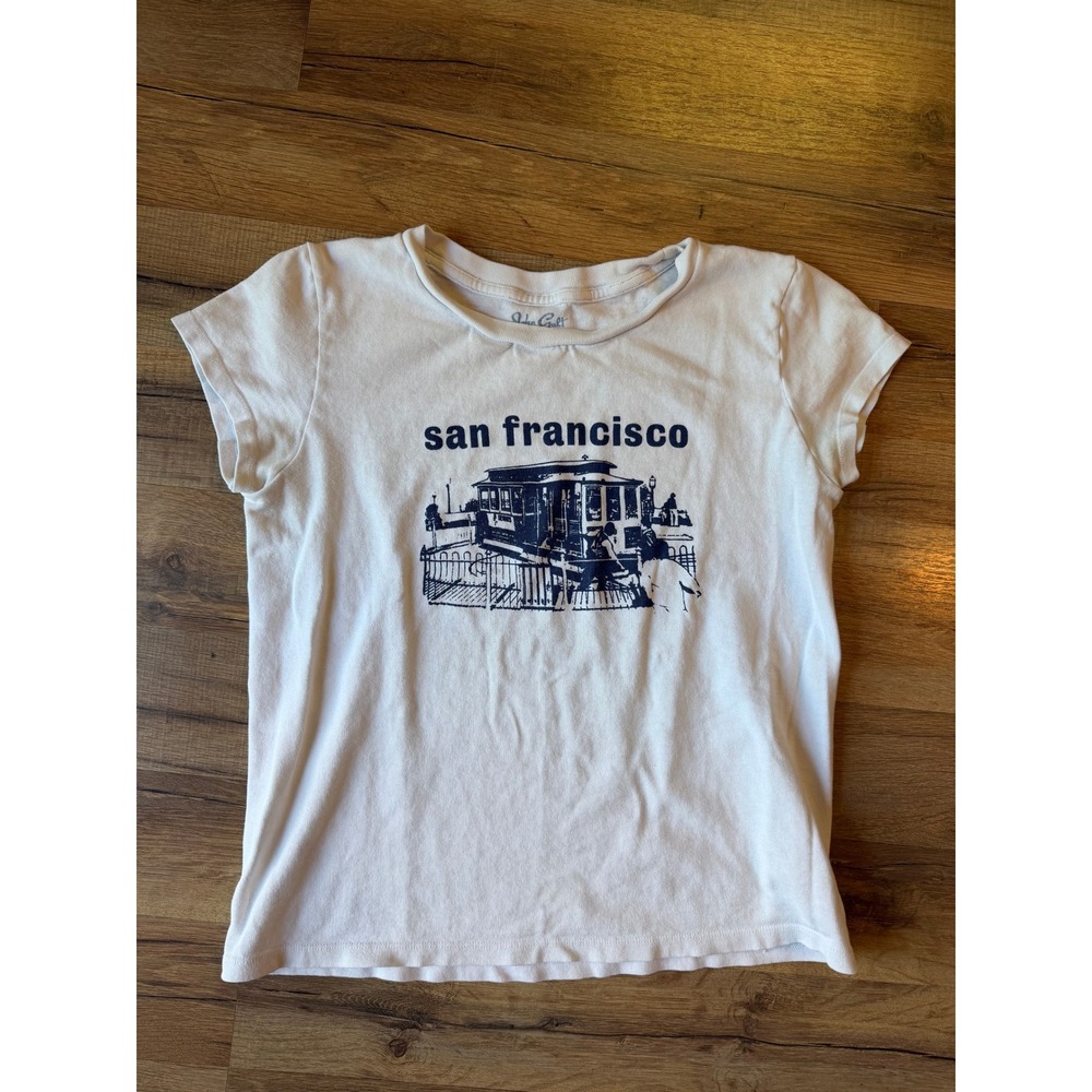John Galt Graphic Tee White San Francisco Cable Car Baby Tee Crew Neck Y2K